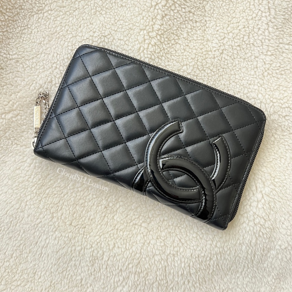 Auth Chanel Cambon Black Large Zip Travel/ Organizer Wallet - Silver Hdw